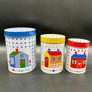 Vintage Metal Canister Set Heart Home 1980s JSNY Red Blue Yellow Cottagecore